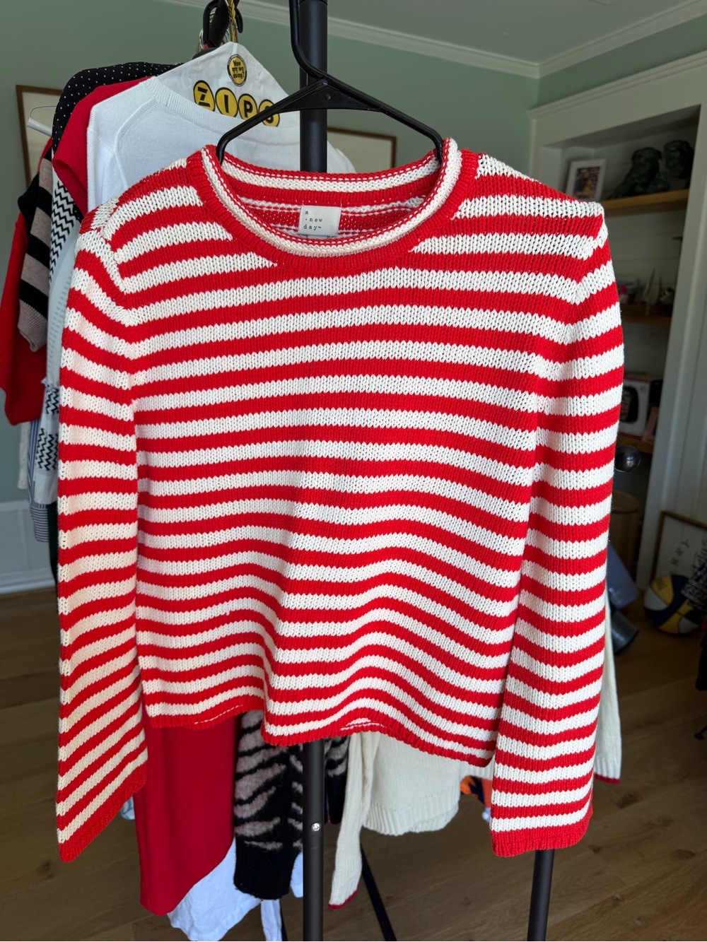 a new day Red and White Striped Knit Crewneck Sweater